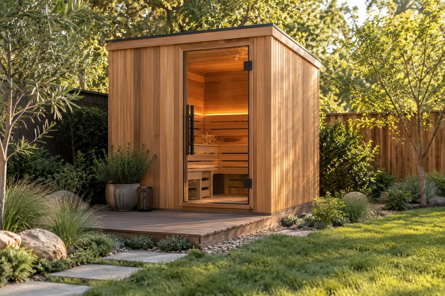 A cedar backyard sauna with a glass door and warm interior benches