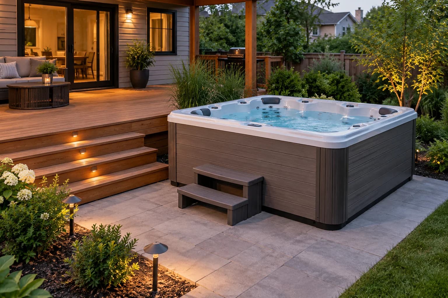 A hot tub beside a cedar backyard deck with steps and warm evening lighting