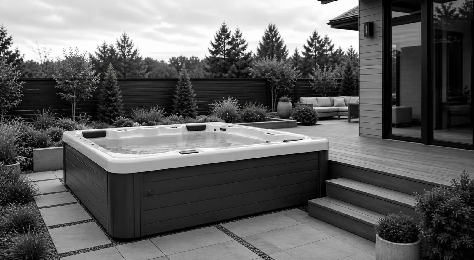 Hot tub installed beside a modern residential deck and landscaped yard.
