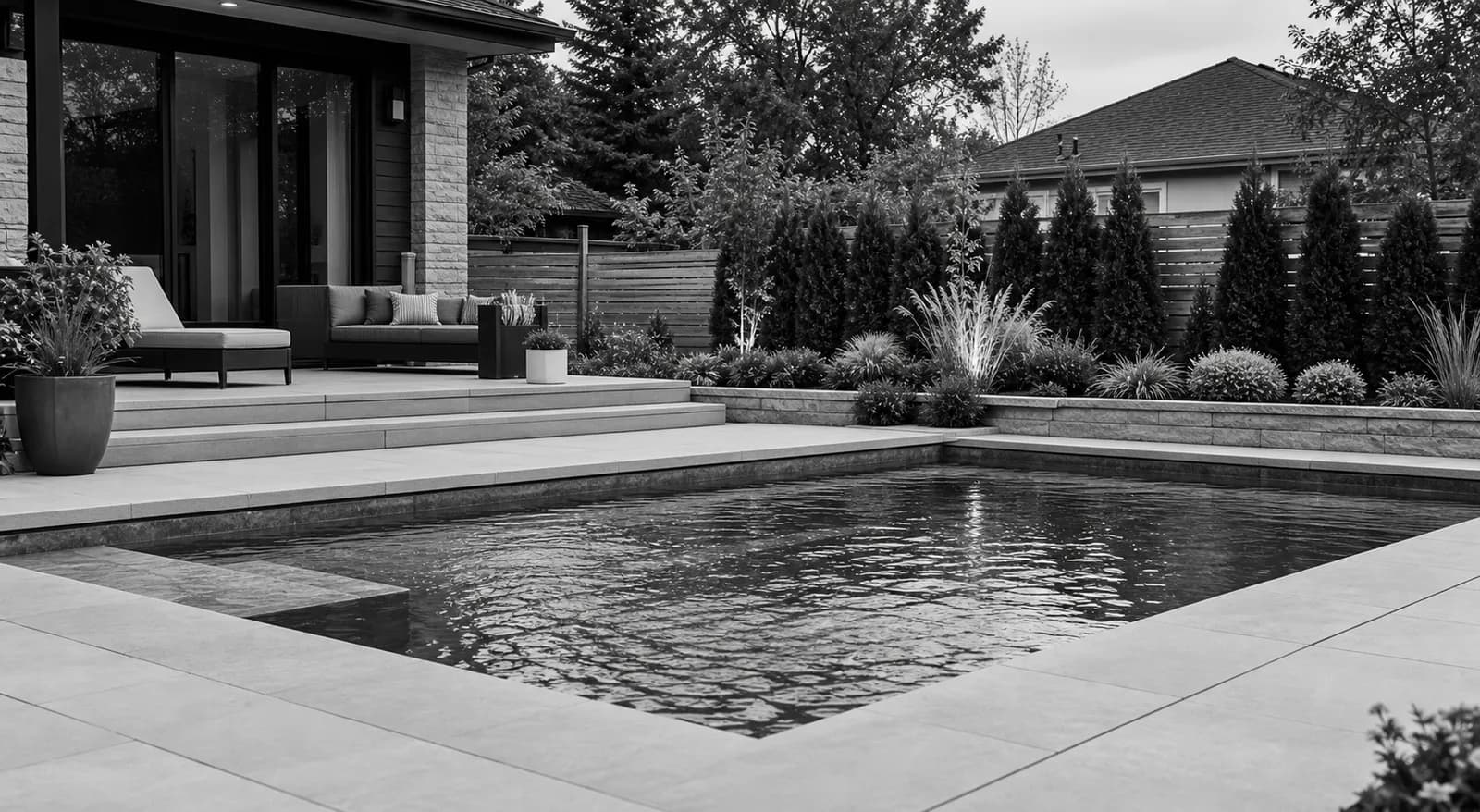 Finished backyard pool with patio, landscaping, and residential seating.