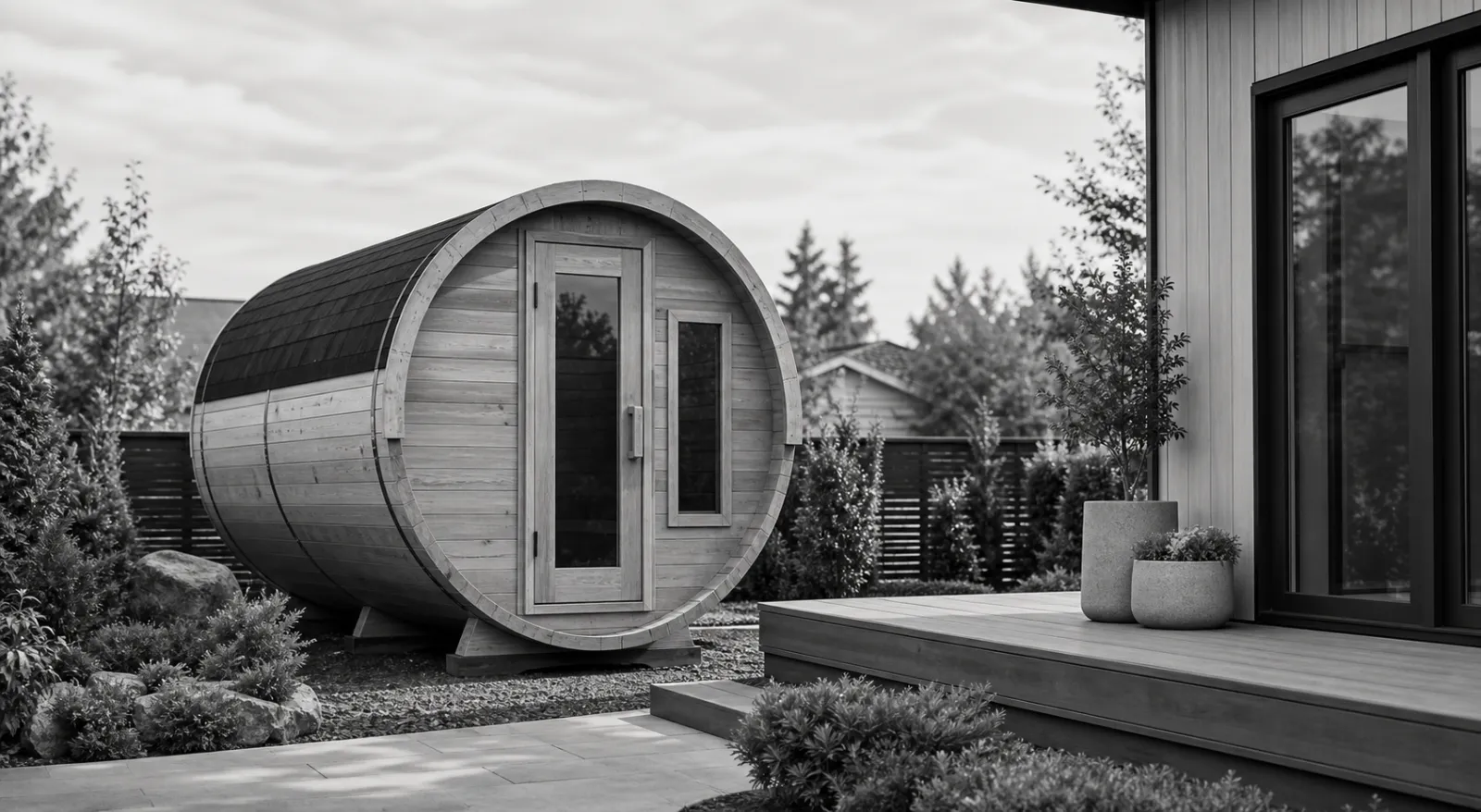 Outdoor barrel sauna installed in a backyard setting.